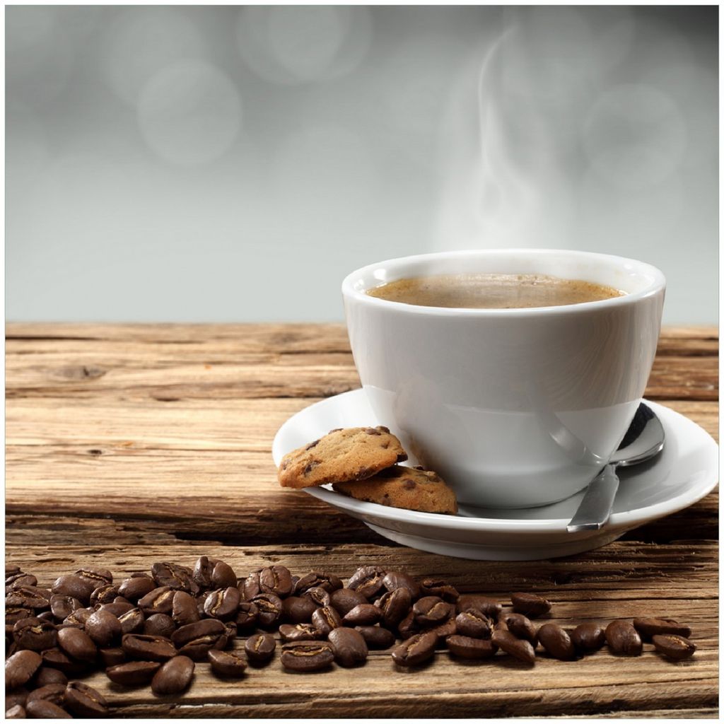 Wallario Premium Glasbild, freischwebende Optik, kräftige Farben, Größe 30 x 30 cm Motiv Heiße Tasse Kaffee mit Kaffeebohnen
