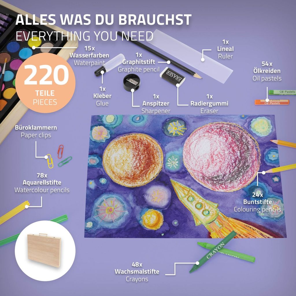 ECD Germany Malset mit Holzkoffer 220-Teilig für Kinder Produktbild 3
