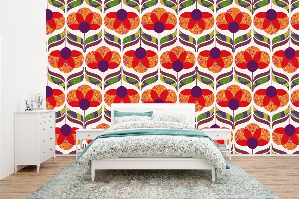 MuchoWow Fototapete für Wohnzimmer oder Schlafzimmer Wandtapete Vinyl Motivtapete Retro - Flower Power - Vintage - Farben - 400x240 cm - Gemustert