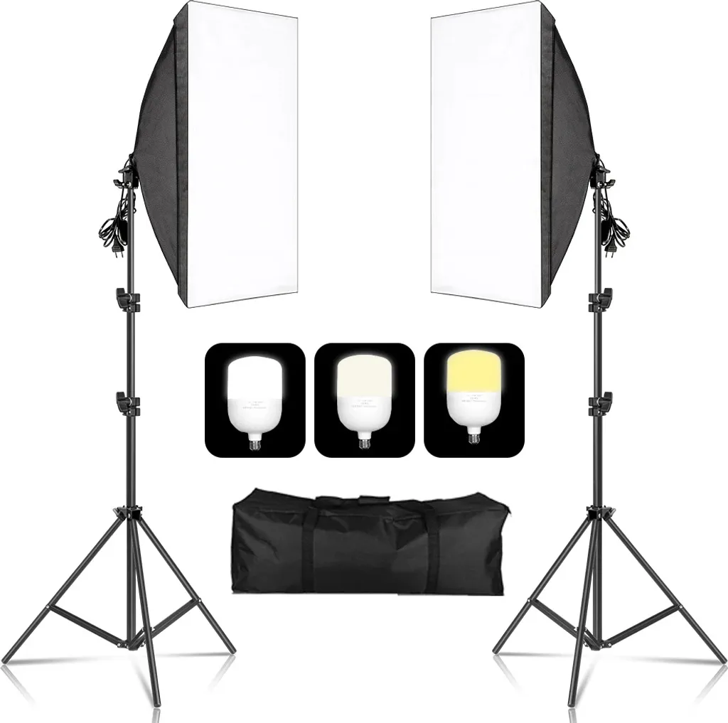 Kit Softbox 50x70cm avec Pied 2m et Ampoule 135W 3 Couleurs d'Éclairage