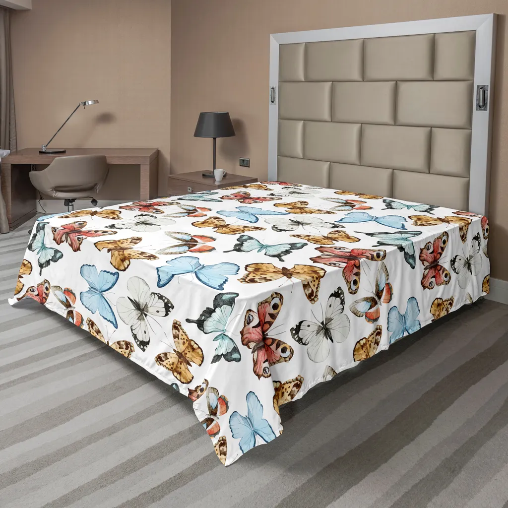 ABAKUHAUS Lenzuolo Butterfly, stampa boema con farfalle colorate in stile acquerello, lenzuolo morbido e confortevole per un letto decorativo, 1 pezzo, 266 cm x 260 cm, multicolore