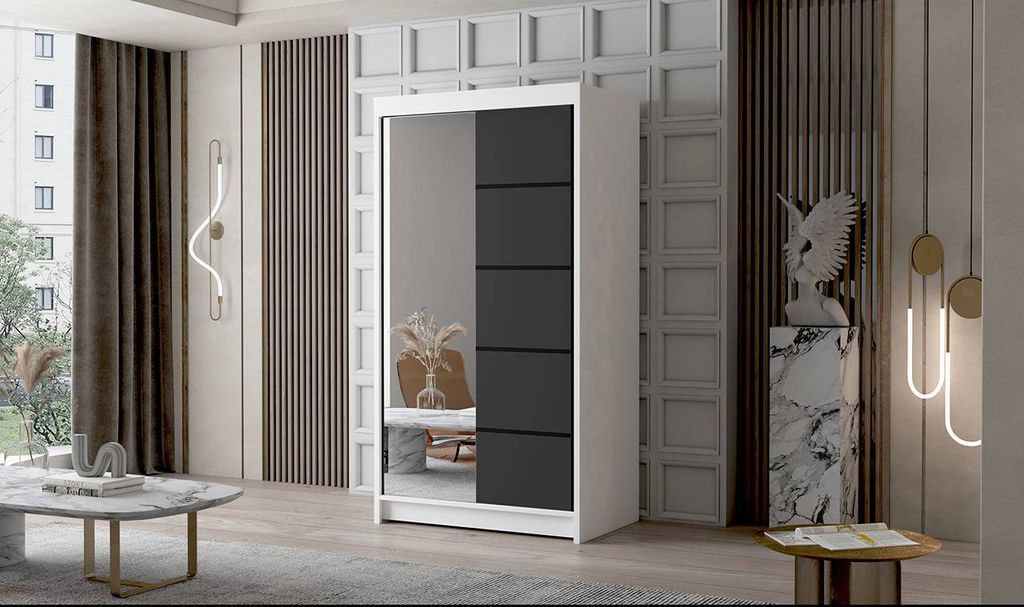 Schwebetürenschrank 2-türig Schrank 100 cm mit Regalen Moderne Kleiderschrank Garderobe für Kleidung Modell FALCO III WEISS / SCHWARZ