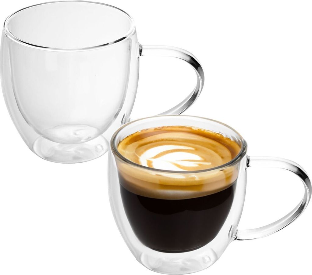 Intirilife 2x Doppelwandiges Thermo Glas Set in 200 - 250ml – Mundgeblasen isoliert für Latte Macchiato, als Teeglas oder Kaffeeglas mit Henkel