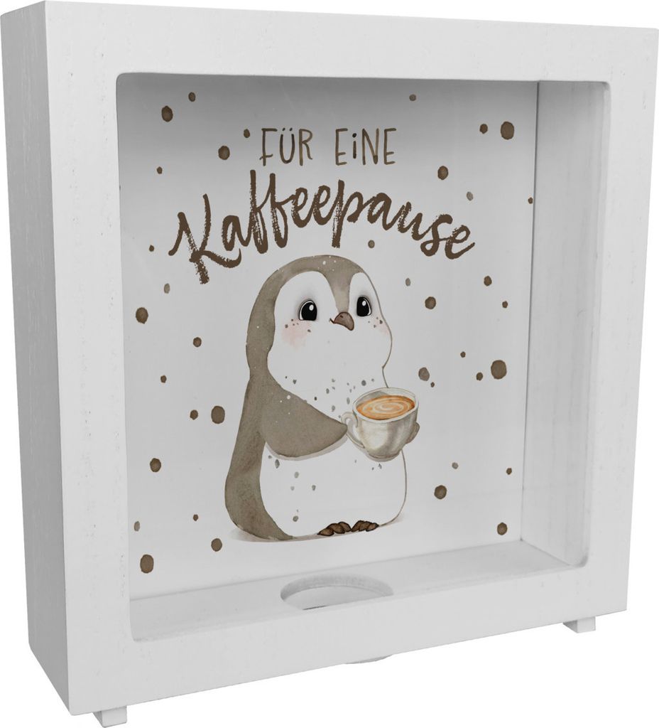Pinguin mit Cappuccino Rahmen Spardose aus Holz mit Spruch Für eine Kaffeepause