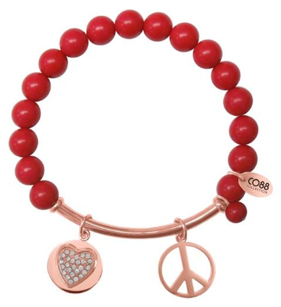CO88 Collection Beloved 8CB-50007 Armband mit Stahleinsätzen – Zirkonia-Herz und Peace-Symbol – Naturstein 8 mm – Einheitsgröße – Rot