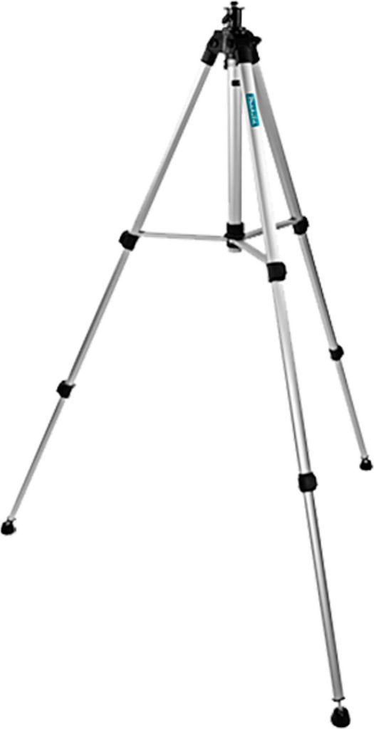 A silver tripod with black accents and a blue label on a white background.