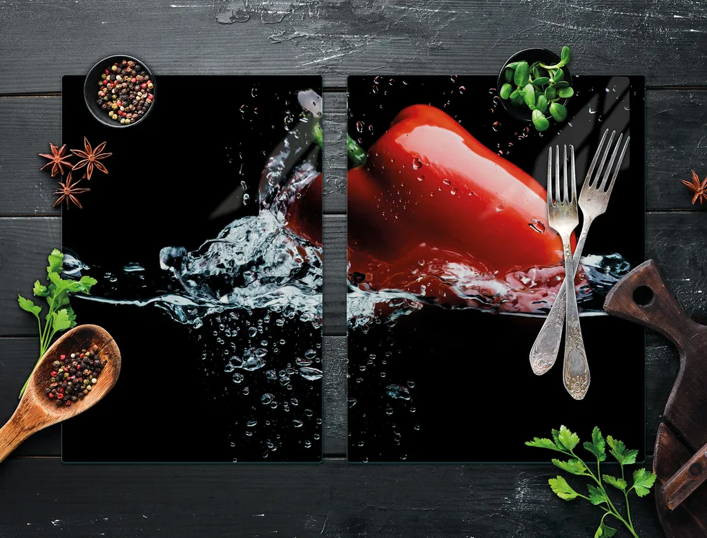 TMK ArtDeko Piastra di copertura per piano cottura in vetroceramica 75 x 52 cm 2 pezzi induzione universale per piani cottura protezione antispruzzo tagliere in vetro temperato, frutta