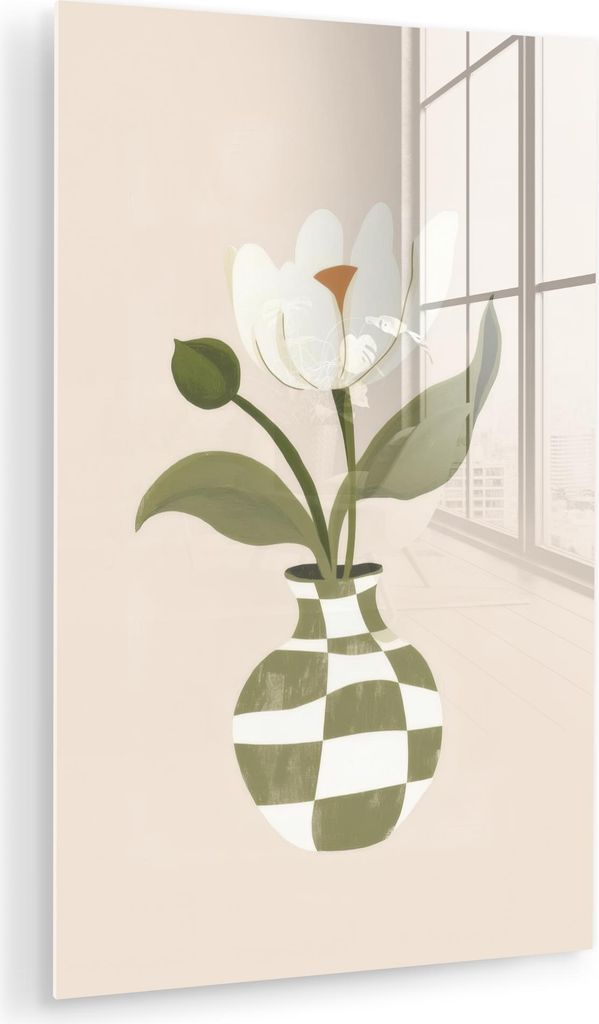 MuchoWow Glasbilder - Bilder auf Wandbild - Foto auf Glas Vase - Kariert - Blume - Grün 60x90 cm Wanddekoration aus Glas - Acrylglasbild - Acrylbi...