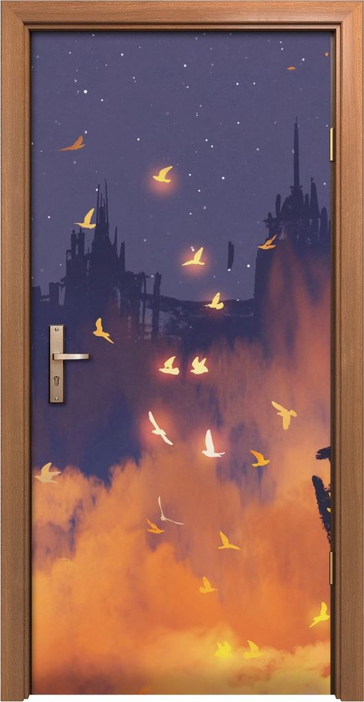 Türposter 90x200 cm Türaufkleber Türtapete Türfolie Klebefolie Mann im Umhang magische Fackel Stadt