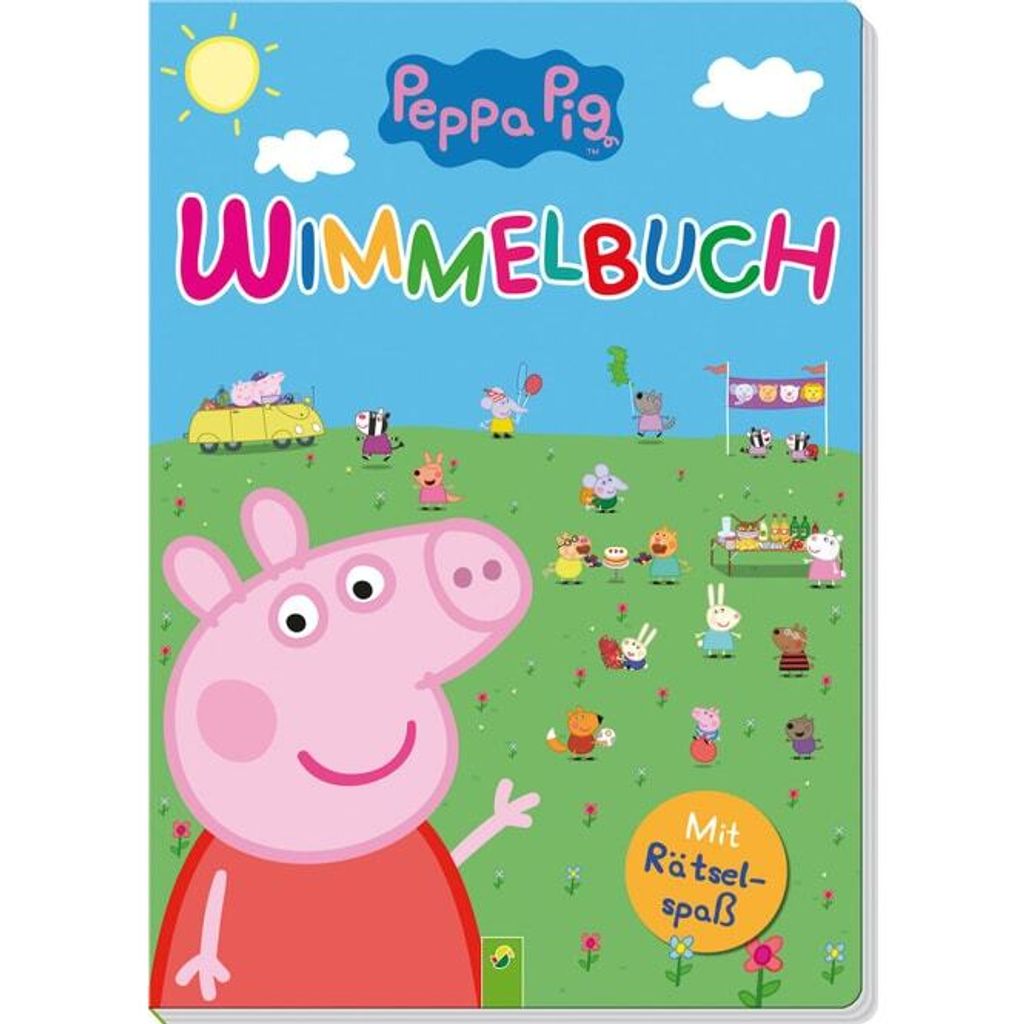 A colorful illustration of a Peppa Pig Wimmelbuch cover, featuring Peppa Pig and various characters in a grassy field under a blue sky with a sun and clouds.