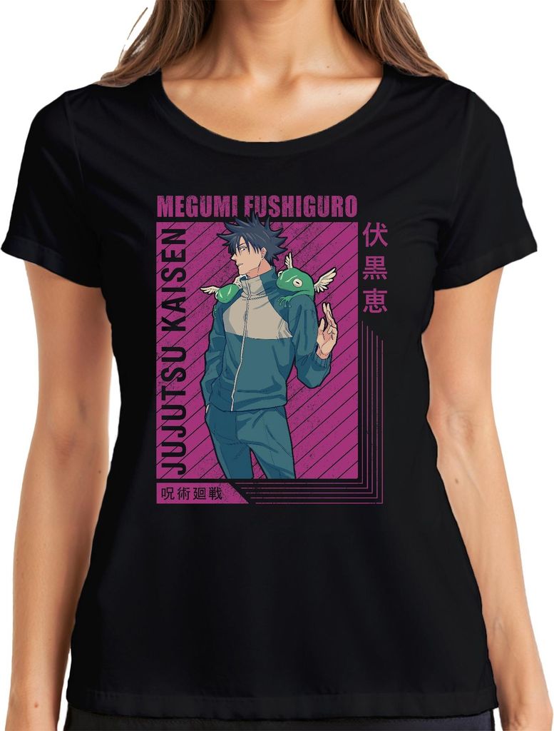 Megumi Fushiguro Jujutsu Kaisen Shikigami Anime Geschenk Retro Damen T-Shirt, Schwarz, L