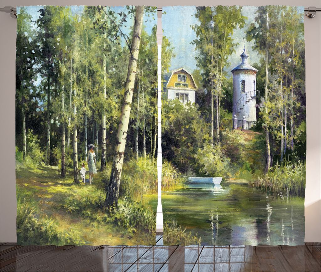 ABAKUHAUS Natur Rustikaler Vorhang, Haus im Wald, Wohnzimmer Universalband Gardinen mit Schlaufen und Haken, 280 x 175 cm, Grün