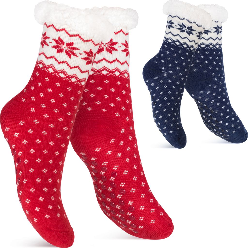 Footstar Damen und Herren Winter Haussocken (2 Paar) Kuschelsocken - Rot-Blau 39-42