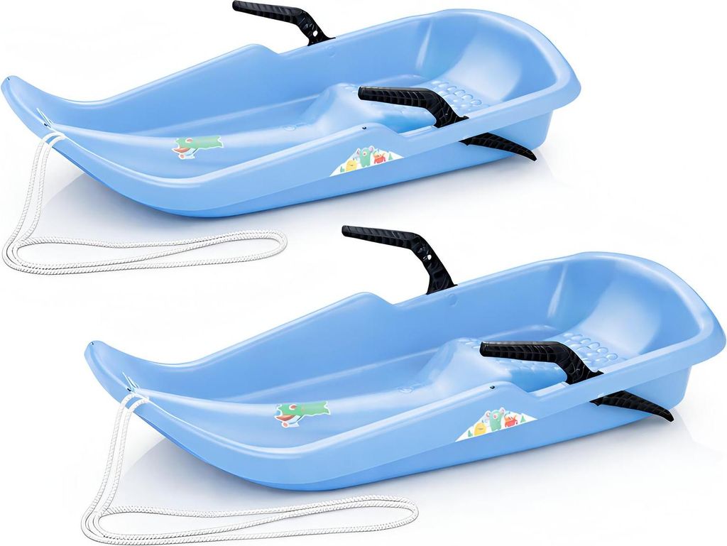 2x Schlitten Twister mit Bremsen aus Kunststoff 80x39x15 cm - Kinderrodel Hellblau mit Zugband und Antirutsch-Sitz, leicht lenkbar, bis 50 kg belas...