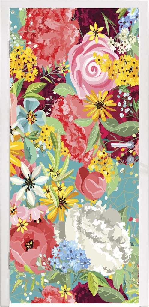 MuchoWow Türtapete Selbstklebende Türfolie Eine farbenfrohe Illustration mit Blumenmuster 95x235 cm Türposter Türaufkleber Klebefolie Türkle...