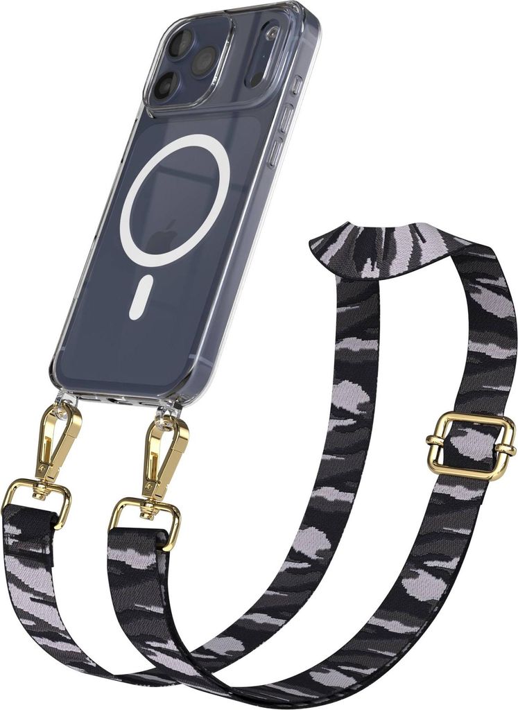 EAZY CASE - Handykette mit MagSafe Hülle für Apple iPhone 17 Pro Max, Handyband Camouflage Style, Karabiner Gold, Umhängeband in Grau