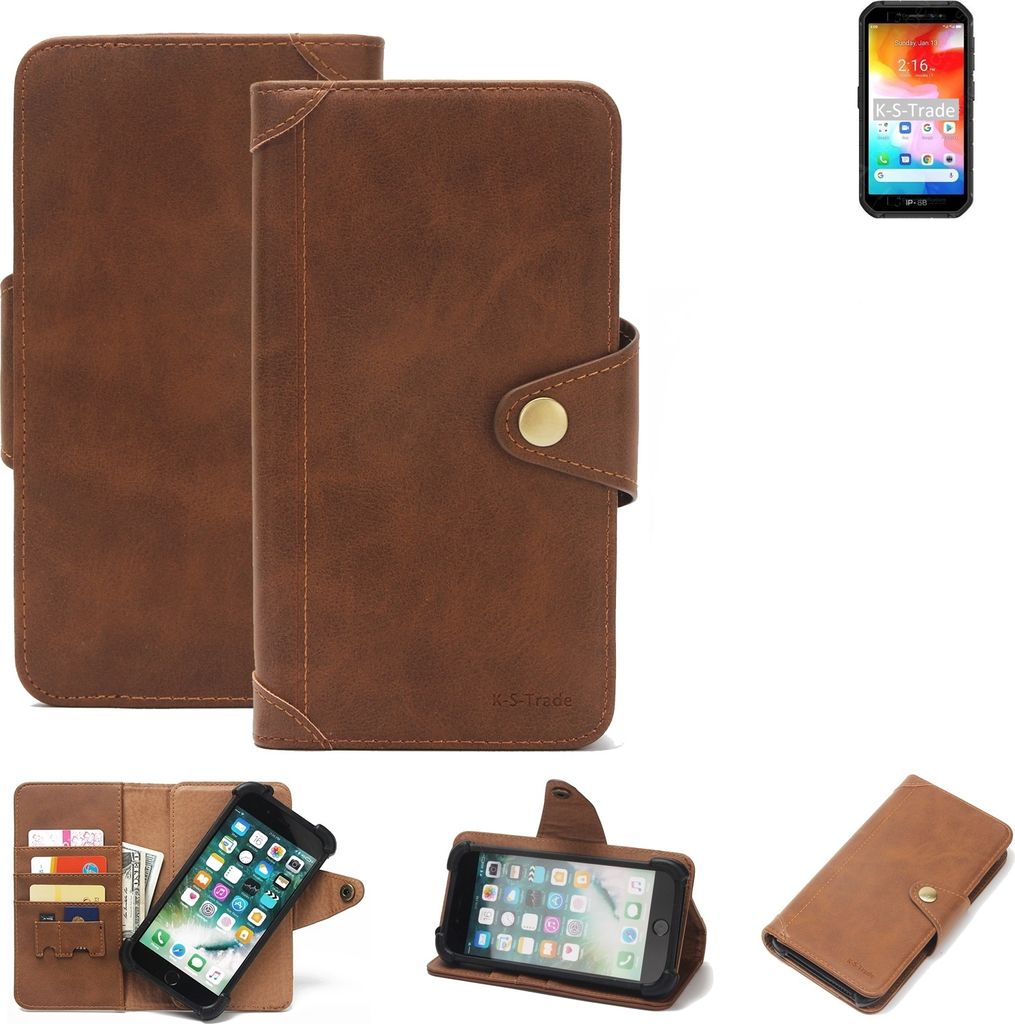 K-S-Trade Handyhülle für Ulefone Armor X7 Schutz Hülle Walletcase Bookstyle Tasche Case Handytasche Wallet Flipcase Cover PolyurethanBraun (1x)