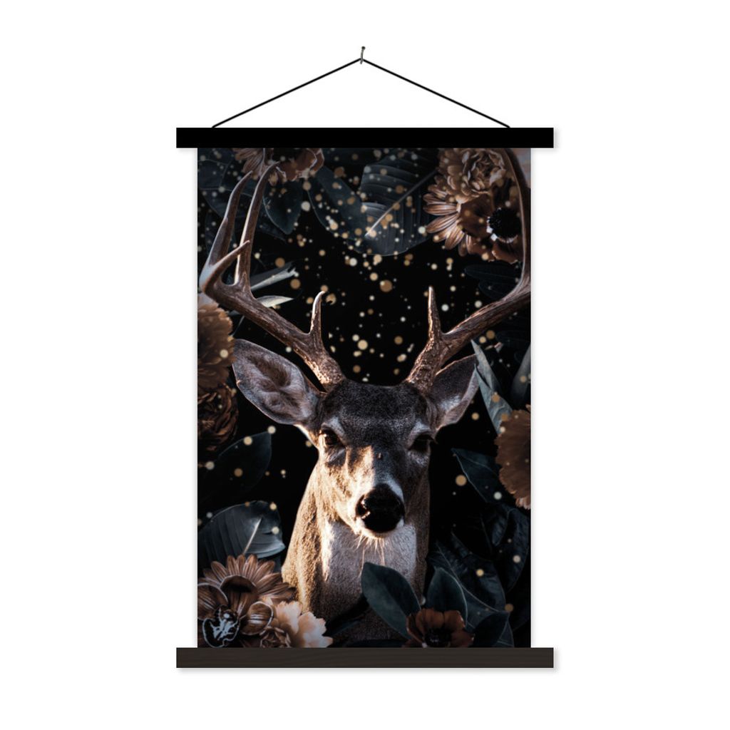 MuchoWow Textilposter Hirsche - Gold - Pflanzen 40x60 cm mit schwarzem Rahmen - Wanddekorationen