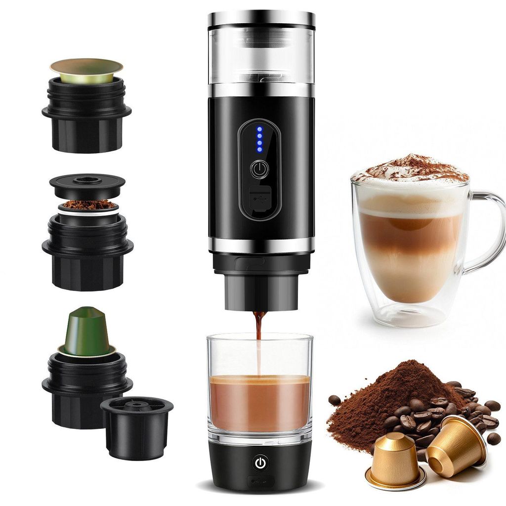 Tragbare Espressomaschine mit Akku, für unterwegs oder Camping, 3 in 1 Mini Kaffeemaschine für gemahlenen kaffee und kapseln Milchaufschäumer,USB-C