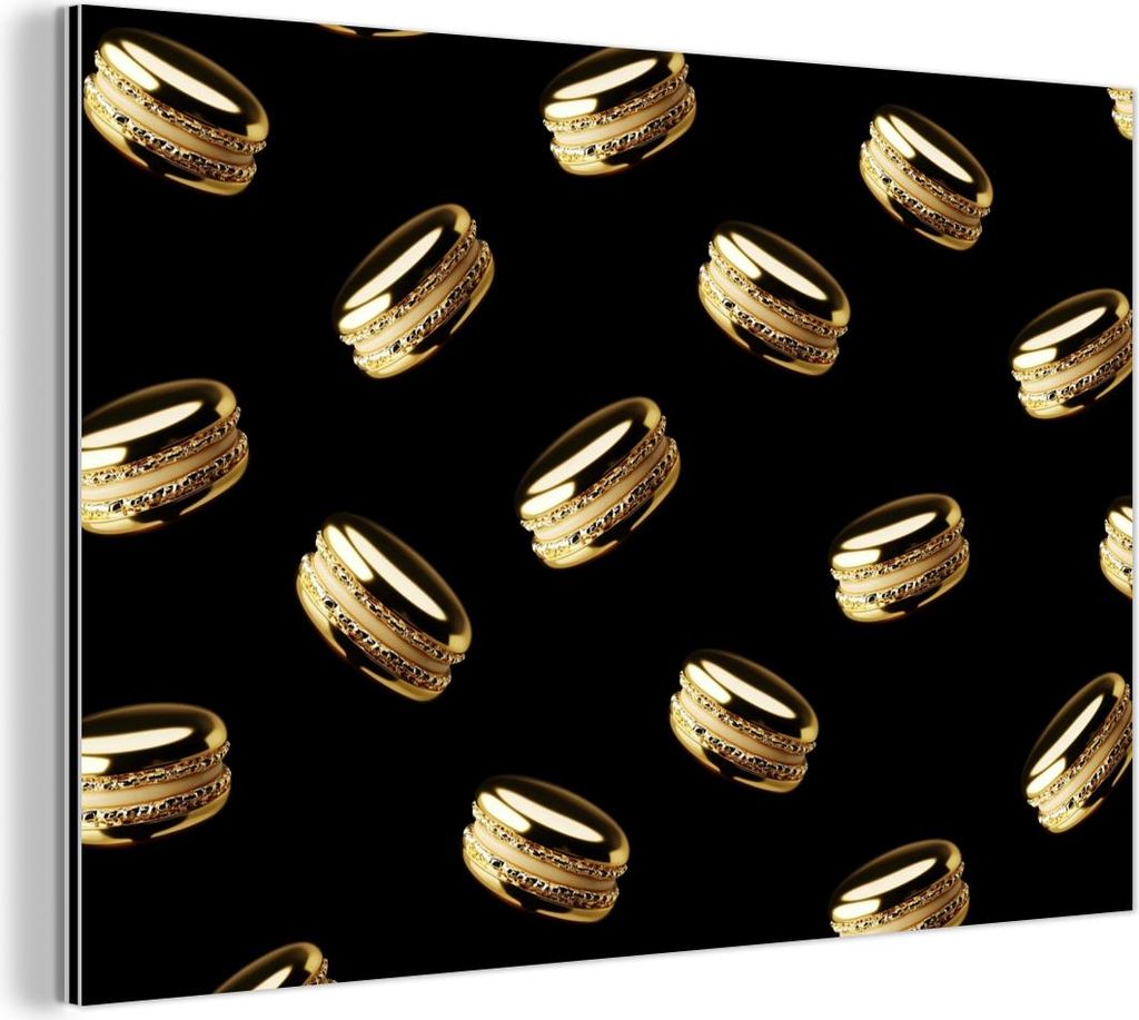 MuchoWow Wanddekoration Metall Metallbild Wandkunst 150x100 cm Makronen - Muster - Gold - Schwarz MuchoWow Aluminium Gemälde - Alu Dibond Bild