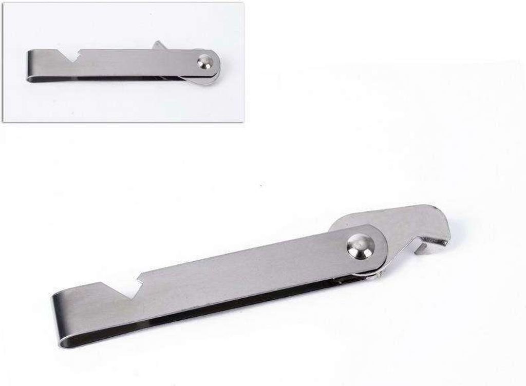 A metal bottle opener and can opener tool is shown against a white background.