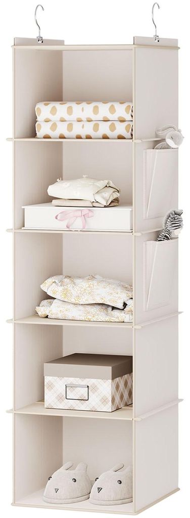 Hängeregal, stabiler Kleiderschrank-Organizer, Hängeaufbewahrung, Schrankorganizer mit Bambusstangen und MDF-Platten, verstärkt, 5 Fächer, beige