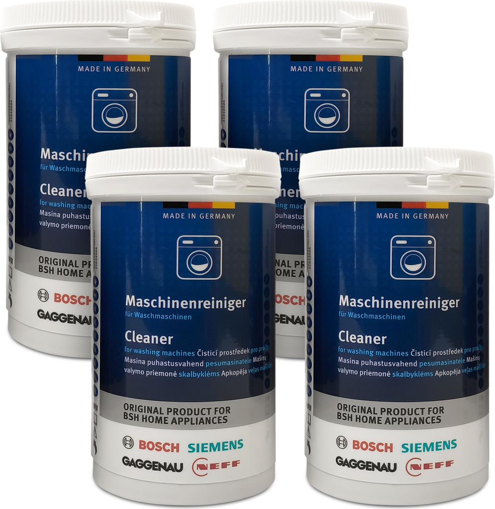 Four containers of washing machine cleaner are arranged in a group against a white background.