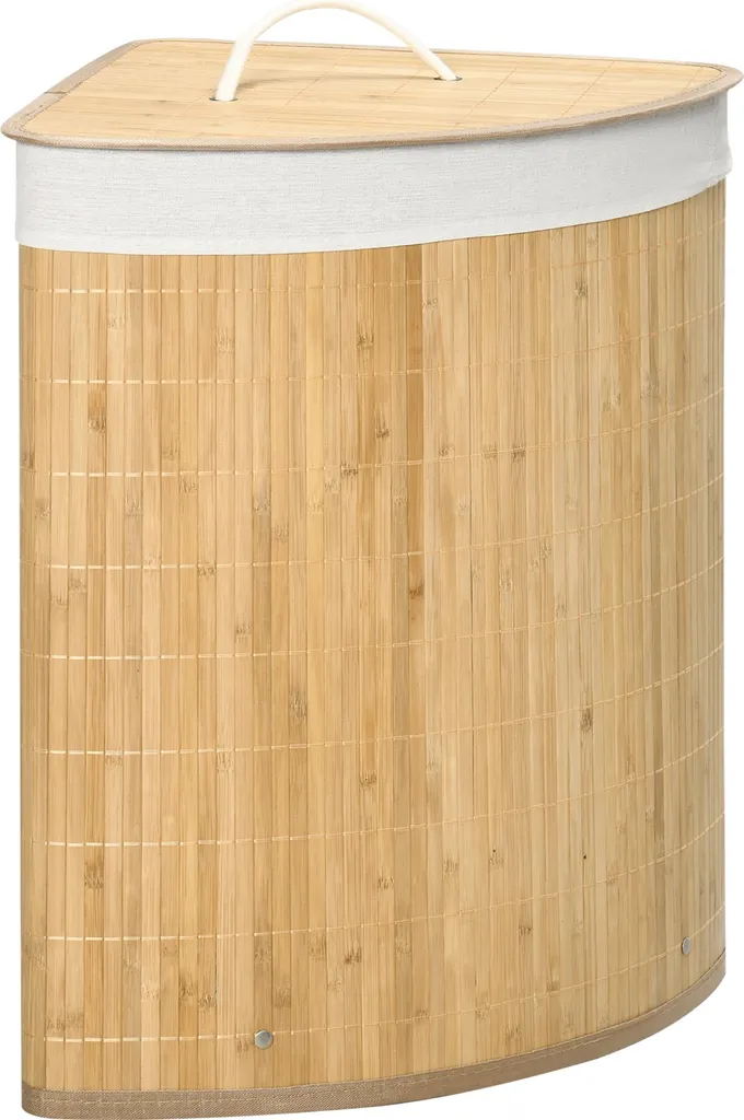 Cesto portabiancheria Fortuna Lai in bambù, angolare, 55 l con coperchio e sacchetto rimovibile 38 x 38 x 57 cm Legno naturale e bianco