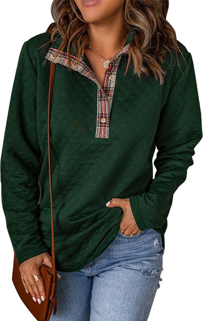 Damen Pullover Sweatshirt Mode Steppmuster Leicht Langarm Einfarbig Lässiges Oberteil Grün S