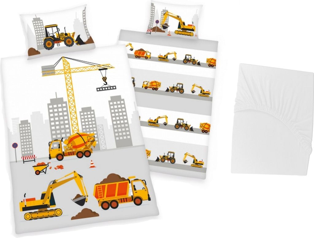 3 tlg Baby Bettwäsche Set - Baufahrzeuge - Renforcé - 40x60 100x135 cm + 1 Spannbettlaken weiß 60x120 - 70x140 cm