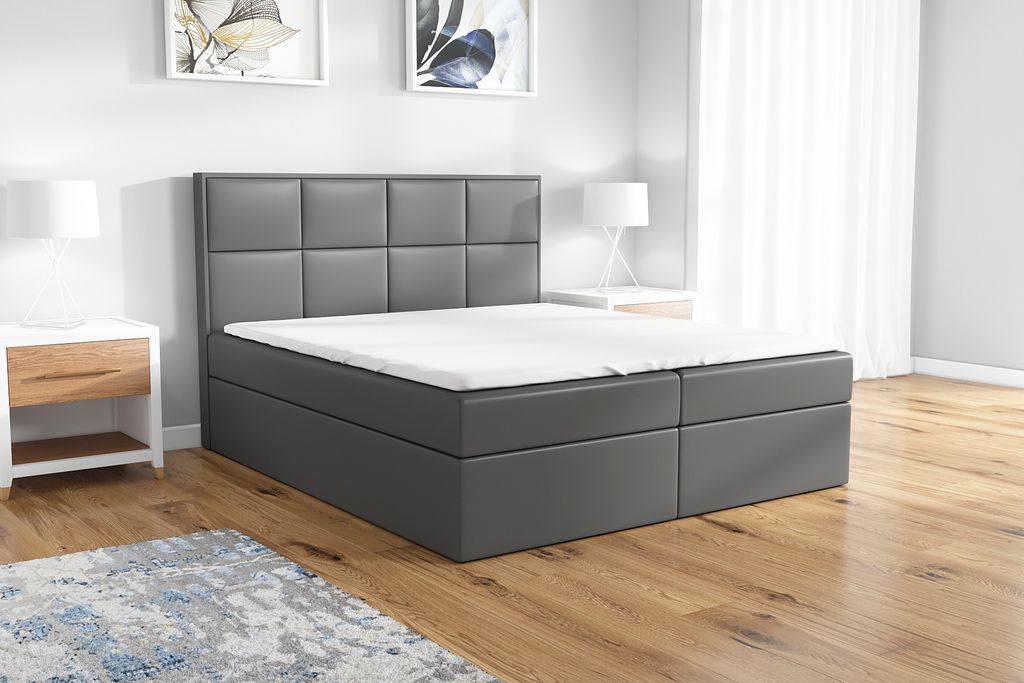 Boxspringbett DAN 180 x 200 mit 2 Bettkästen, Bonell-Matratze und Topper. Farbe: Dunkelgrau