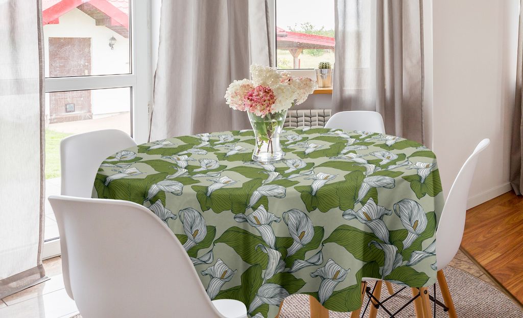 ABAKUHAUS Grün und Weiß Runde Tischdecke, Calla-Lilien, Kreis Tischdecke Abdeckung für Esszimmer Küche Dekoration, 150 cm, Olivgrün Weises Grün