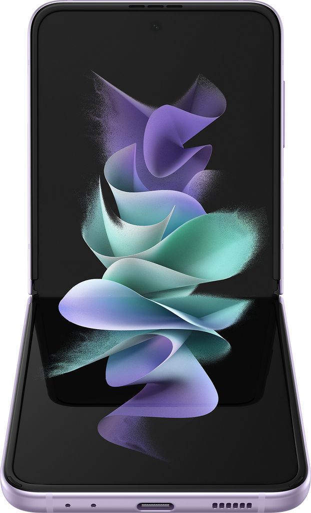 A lavender Samsung Galaxy Z Flip3 5G phone is shown open, displaying its screen with a colorful abstract wallpaper.