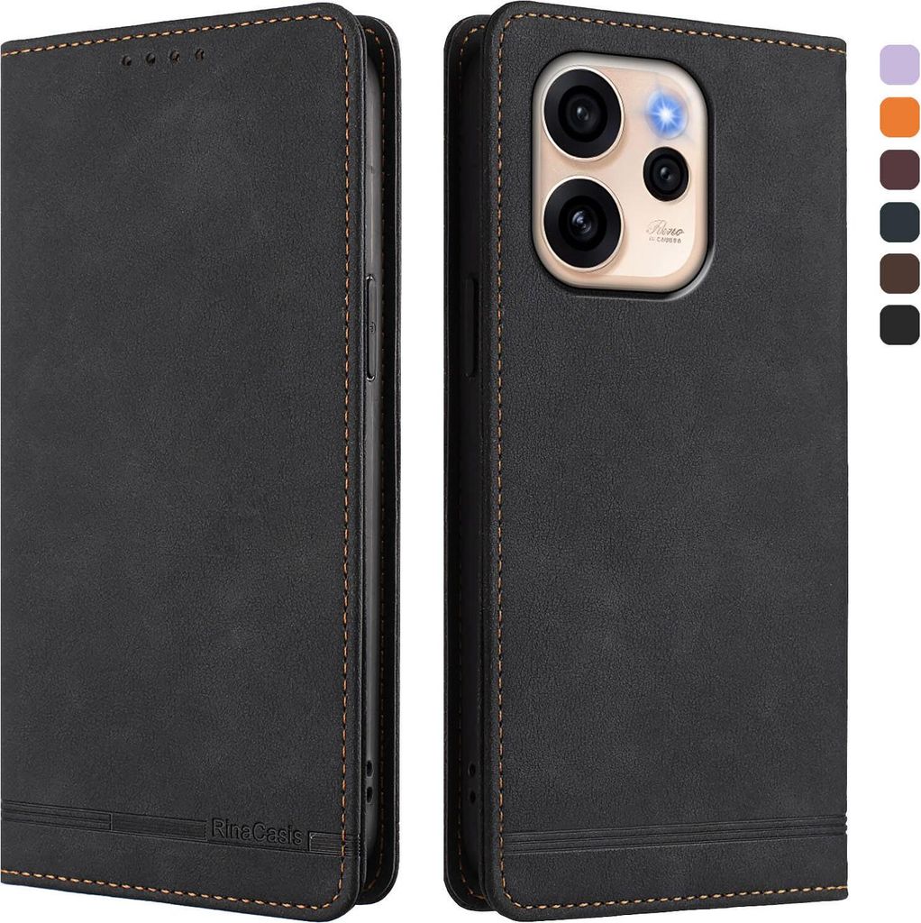 Hülle für Oppo Reno15 5G, Retro Kunstleder Ständer Klapphülle mit Kartenfächer und Magnetische Schwarz