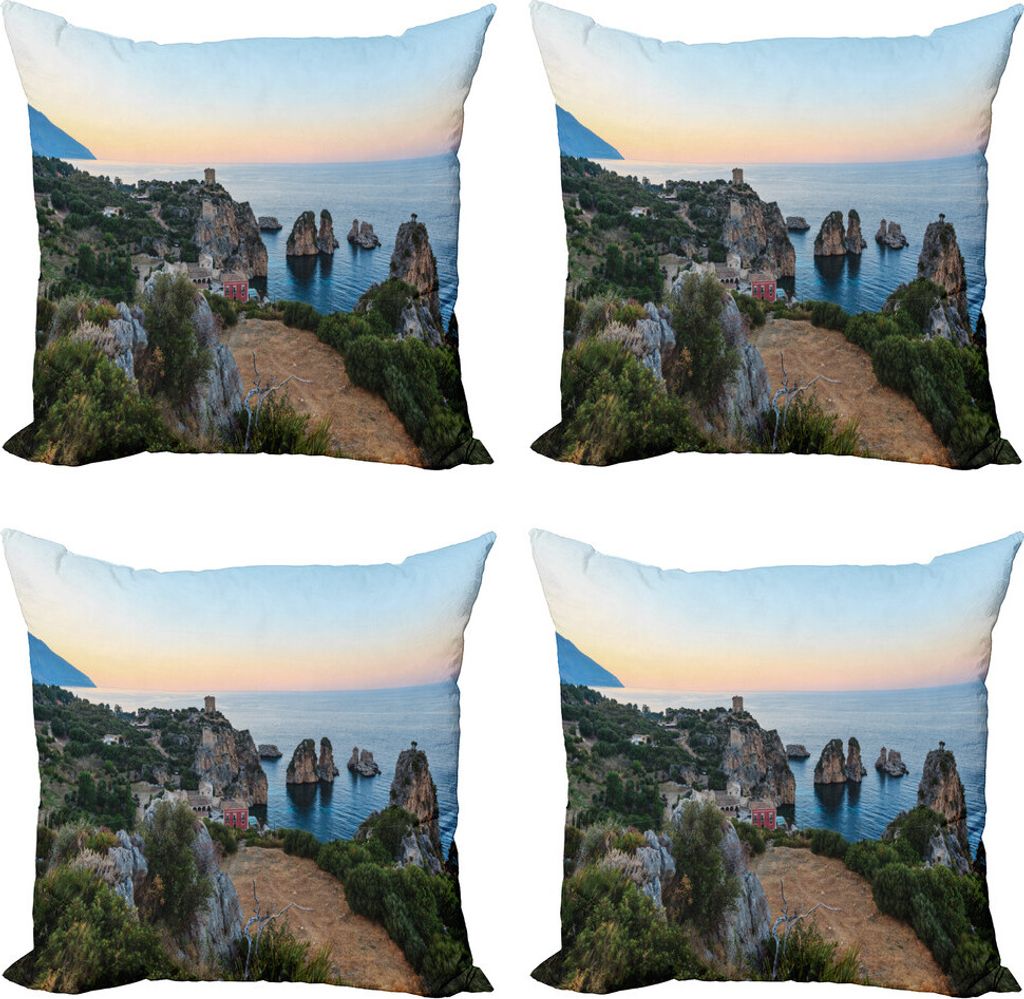 ABAKUHAUS Sizilien Kissenbezug Set (4 Stück), Tyrrhenischen Meer Baysonnenuntergang, Moderner Doppelseitiger Digitaldruck, 45 cm x 45 cm, Mehrfarbig