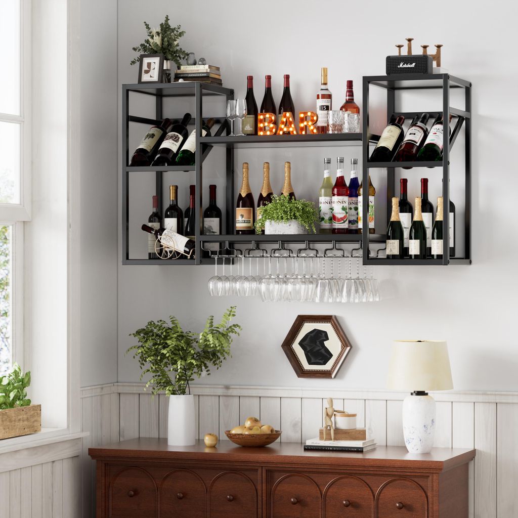TWSOUL Weinregal Modernes Wand-Weinregal aus Metall mit 3 Ebenen und Glashalter Modernes Weinregal für Küche, Hausbar & Esszimmer, Schwarz