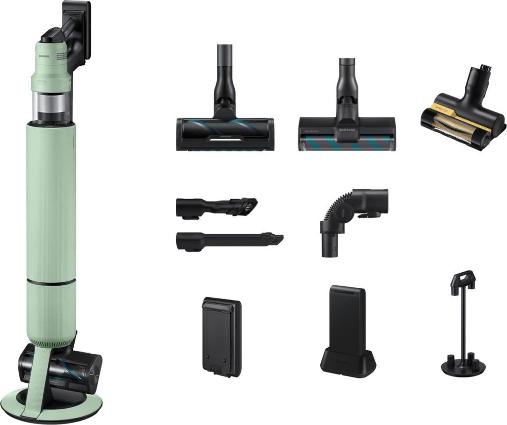 A collection of vacuum cleaner parts and accessories arranged on a white background.