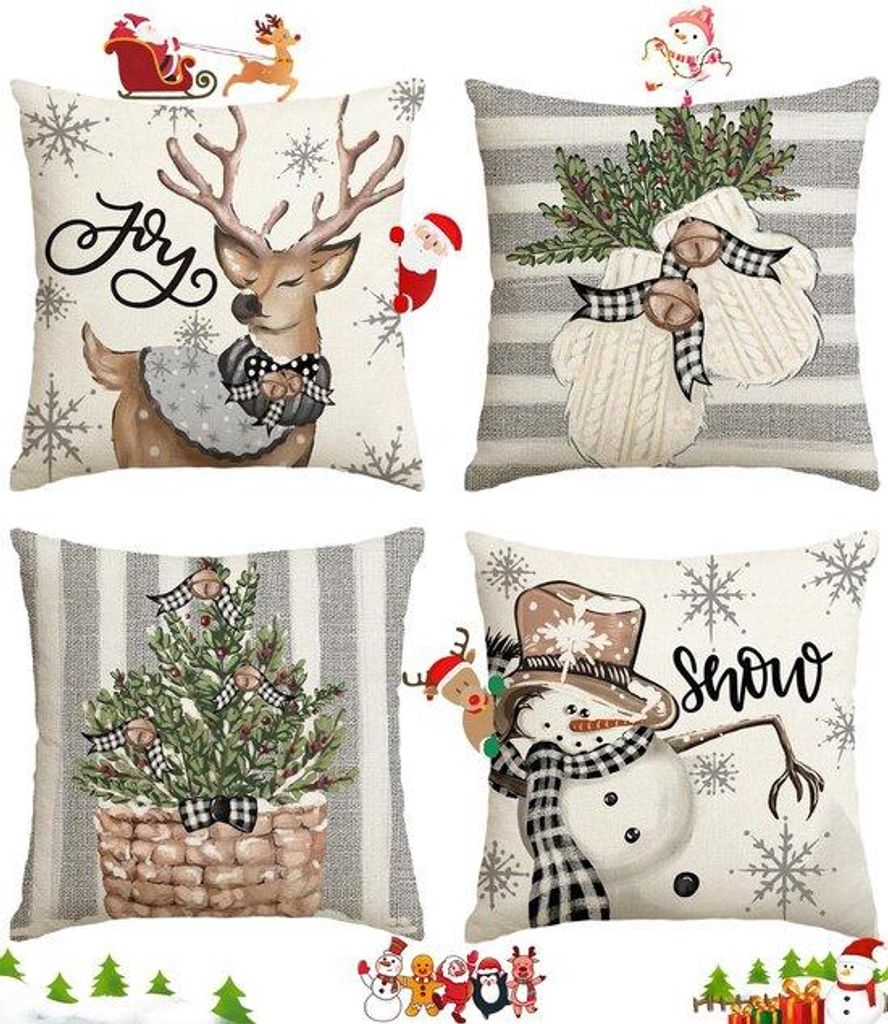 Unyqoos Set mit 4 festlichen Kissenhüllen mit Weihnachtsmotiven für eine warme Atmosphäre