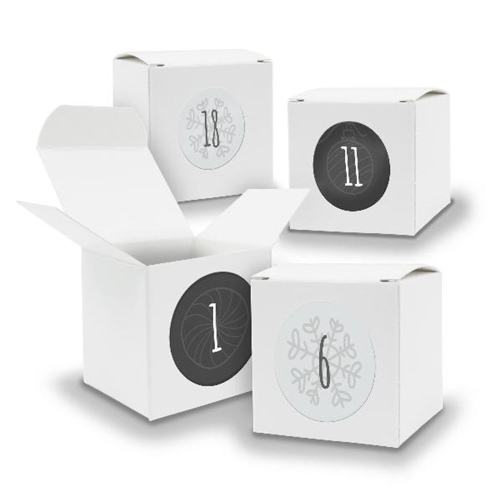 Adventskalender zum Füllen 24x Würfel 6,5cm WEISS + Sticker V04 Z13