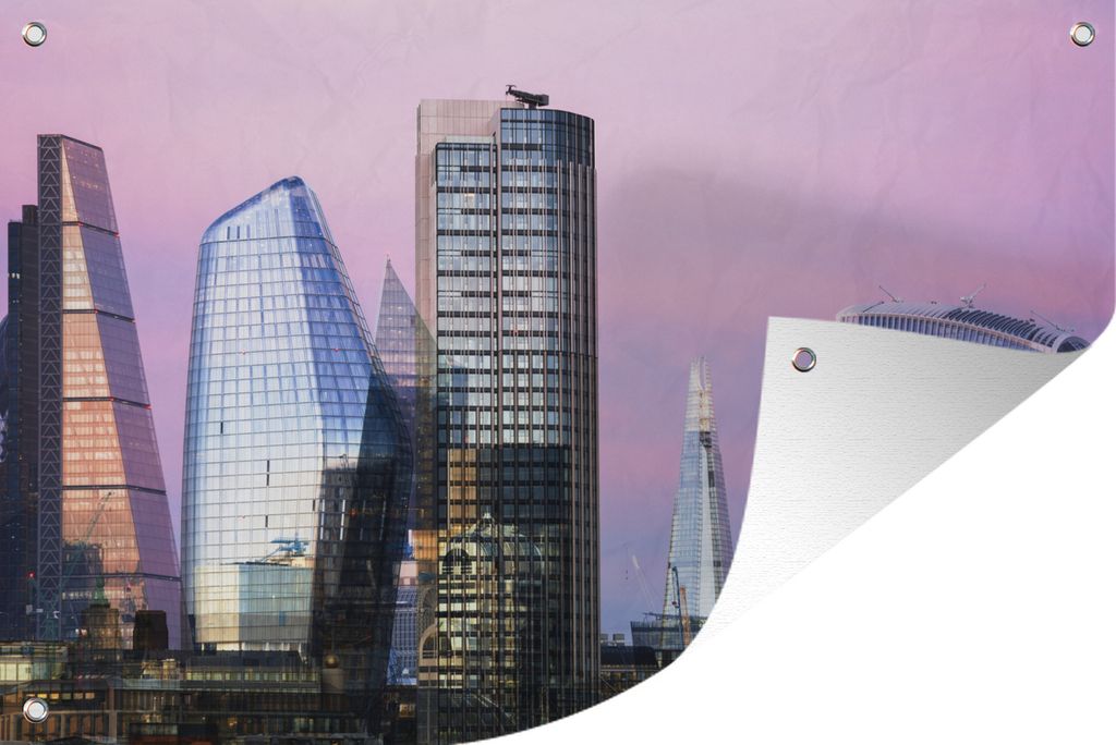 MuchoWow 120x80 cm Outdoor-Poster Gartendeko Sichtschutz Garten Poster für den Garten Skyline von London, Vereinigtes Königreich mit lila Himmel