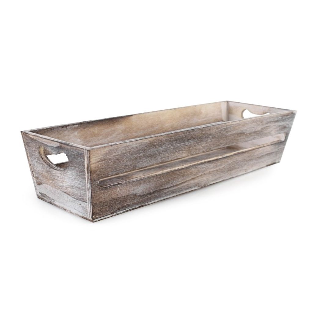 A wooden crate with handles on a white background.