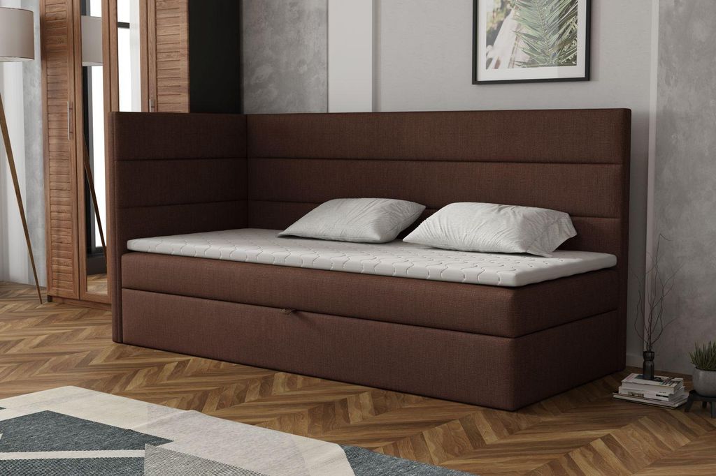 MR GROUP Boxspringbett LUGO 80x200 cm links braun Einzelbett Bett mit Stauraum Kinderbett Jugendbett Samtstoff, Polsterbett mit Matratze und Topper H3