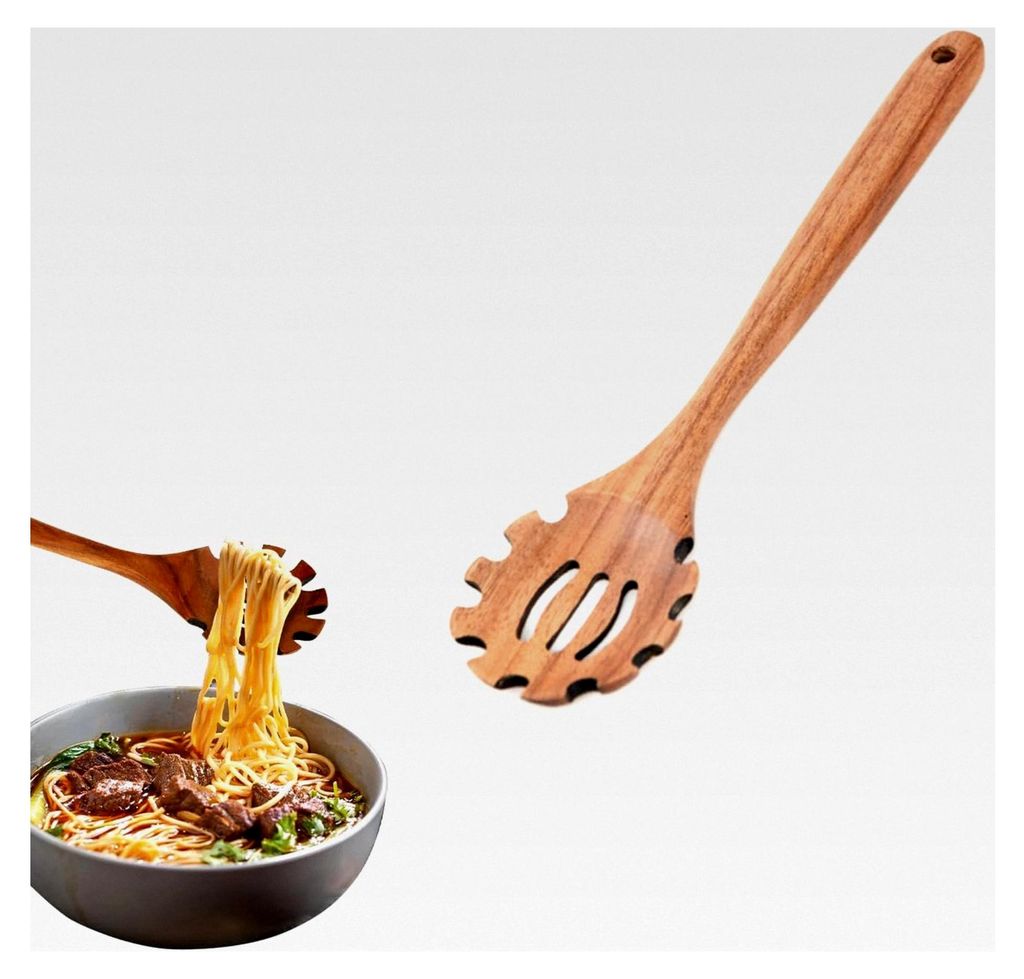 Nudellöffel aus Holz, 32 cm, mit Zähnen und Aufhängeloch, Spaghettilöffel und Nudelzange