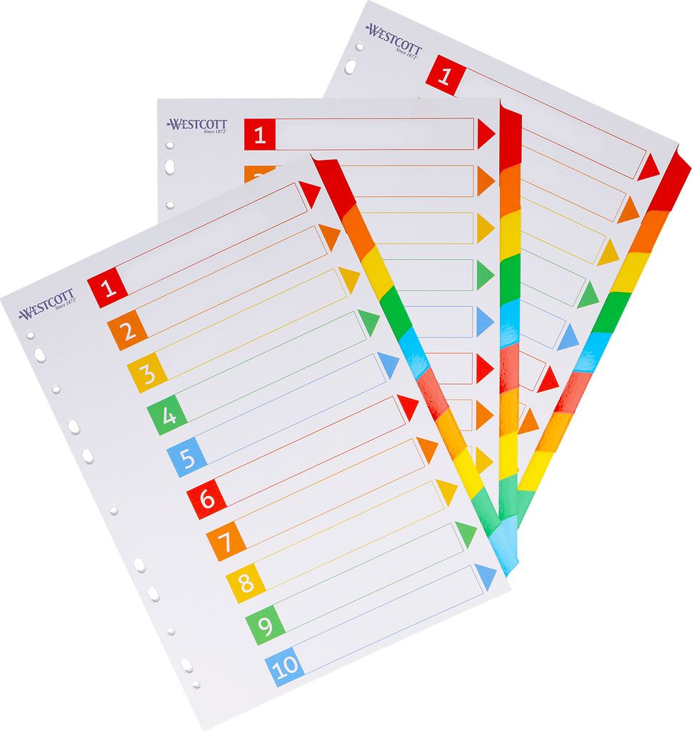 Westcott Register für Ordner A4 (3er-Set) | 3 x Trennblätter für Din A4 Ordner | 10 beschriftbare Tabs in 5 Farben als Ordner Organizer | Robust...