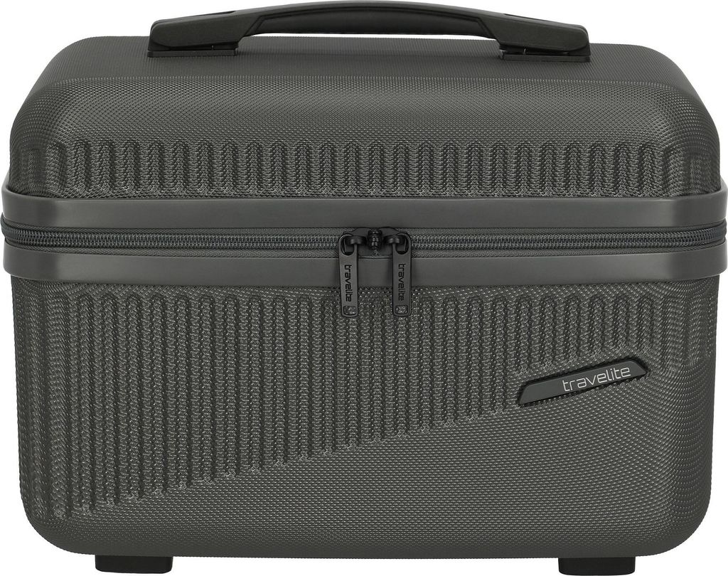 A studio shot of a dark gray beauty case.