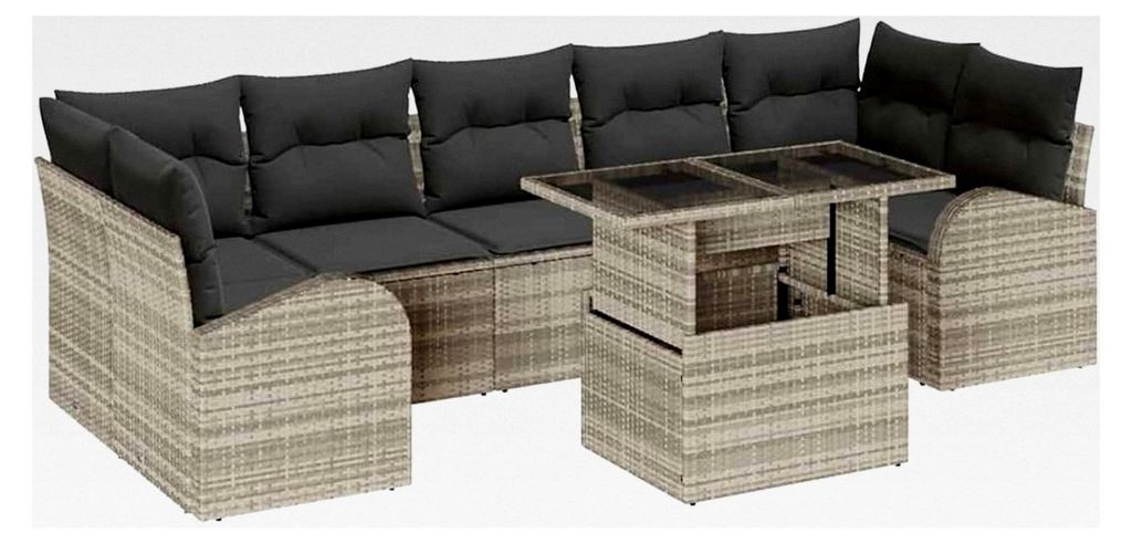 8-teiliges Garten-Sofaset mit Kissen in Hellgrau aus Poly Rattan für den Außenbereich