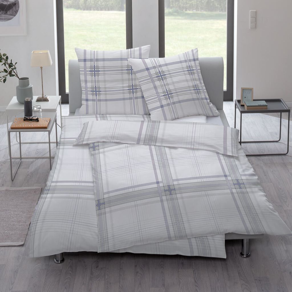 Estella Mako Satin Bettwäsche " Lenox " Art.7290 Farbe: Weiß, Blau