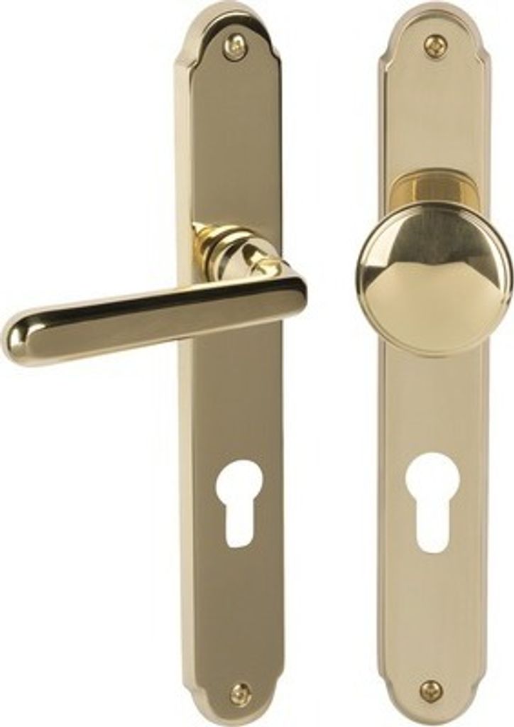 Langschildgarnitur Wien messing/poliert PZ mit Knopf + Drücker für Wohnungseingangstür rechts