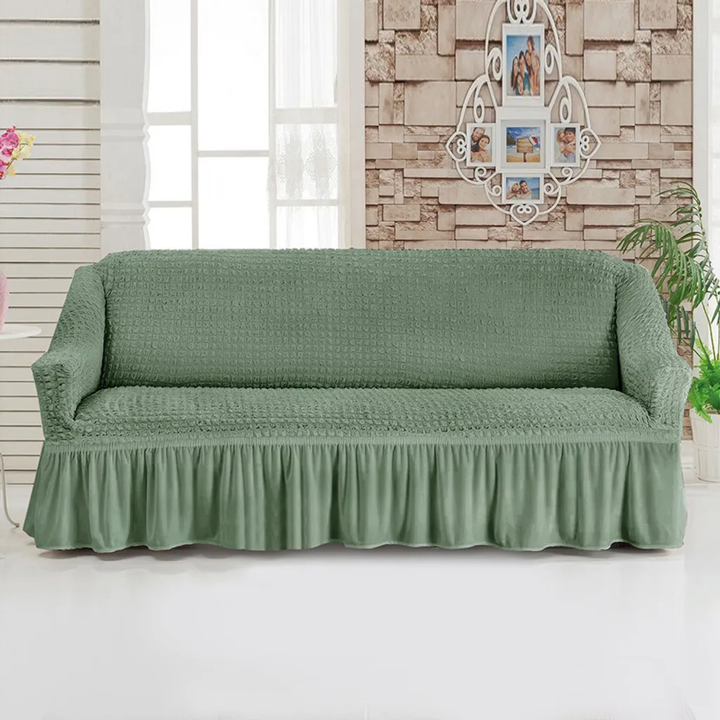 Housse de Canapé 3 Places Vert avec Jupe en Tissu Seersucker Gaufré