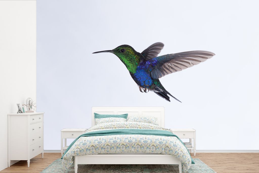 MuchoWow Fototapete für Wohnzimmer oder Schlafzimmer Wandtapete Vinyl Motivtapete Vögel - Kolibri - Grün - Blau - 450x300 cm - Gemusterte